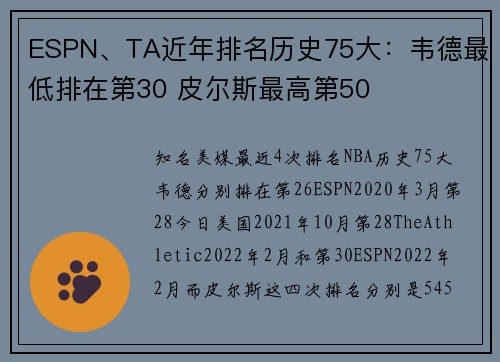 ESPN、TA近年排名历史75大：韦德最低排在第30 皮尔斯最高第50