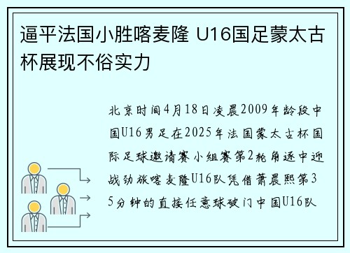 逼平法国小胜喀麦隆 U16国足蒙太古杯展现不俗实力